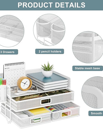 Marbrasse 3 Tier Mesh Desk Organizer with Drawer, Multi-Functional Desk Organizers and Accessories, Paper Letter Organizer with 2 Pen Holder for Home Office Supplies - White