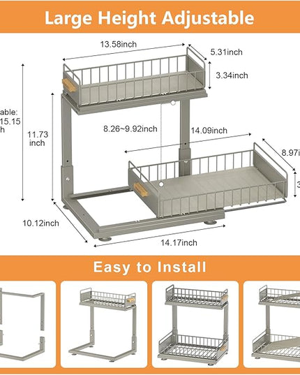 Under Sink Organizer, High Adjustable 2 Tier Under Kitchen Sink Organizer, Multi-Purpose Storage Shelf for Kitchen Bathroom Cabinet, Gray