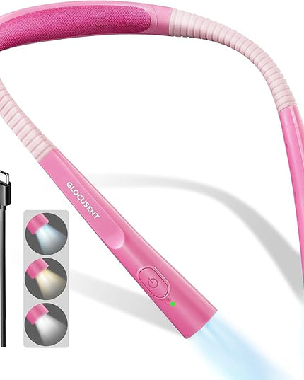Glocusent Upgraded LED Neck Reading Light, Book Light for Reading in Bed, 30-min Timer, 3 Colors & 3 Brightness Adjustable, Rechargeable & Long Lasting, Perfect for Reading, Knitting