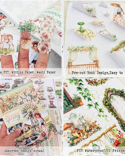 Dwpetzo Spring Cottage Scenery Scrapbook Stickers, 20 Sheets A5 Pre-Cut PET Washi Stickers Book for Journaling, Junk Journal Supplies, Bujo, Collage, Crafts Arts