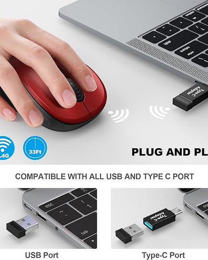 WisFox 2.4G Wireless Mouse for Laptop, Ergonomic Computer Mouse with USB Receiver and Type-C Adapter, 6 Button Cordless Mouse Wireless Mice for Windows Mac PC Notebook (Red)