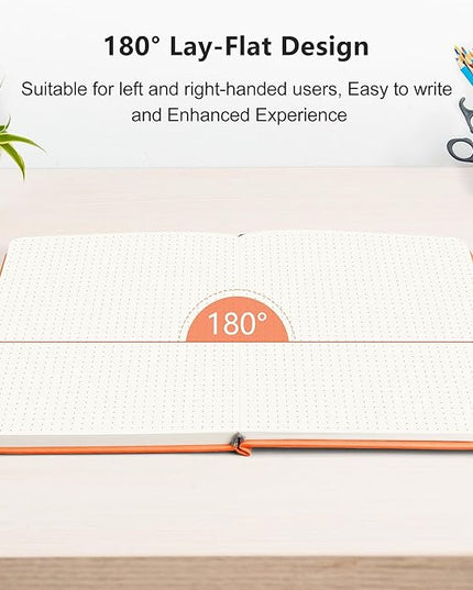 RETTACY Bullet Dotted Journal Notebook, 192 Pages, A5 Medium Size (5.7'' x 8.3''), Leather Hardcover, 100 GSM Thick Paper, for Bullet Journaling, Planning, Tracking (Orange)