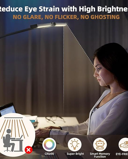 Led Desk Lamp for Home Office, Eye-care Architect Light with Clamp, Smart Double Head Computer Monitor Table Clip Lamp, Adjustable Flexible Goose-Neck, 25 Lighting Models, Task Lamp, White and Sliver