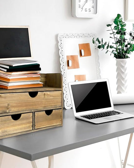 Besti Wooden Office Desk Organizer - Organizing Tool for Desktop, Cubicle, Bedroom, Kitchen - Vintage Style Organization Caddy with Top Tray Shelf & 3 Drawers - 13.6x9x7 Inches (Rustic Burnt)