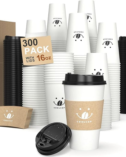 Coolcap Coffee Cups with Lids and Sleeves, 16 oz 300 Pack To Go Cups with Lids, Paper Hot Cups for Hot & Cold Beverage (White, 16 oz)