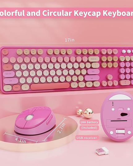 Wireless Keyboard and Mouse Combo, Ergonomic Full Size Typewriter Retro Round Keycaps Keyboard, Compatible with Windows, PC, Perfer for Home and Office Keyboards （Red）