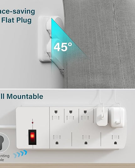 Elecan Surge Protector Power Strip with 8 Ft Extension Cord, 8 Widely Spaced Outlets with Safety Cover, 45 Degree Flat Plug Wall Mountable Multi Outlet Extender, Heavy Duty 14AWG, 1200J/125V,ETL-White