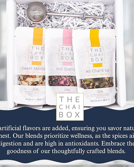 The Chai Box Top Selling Loose Leaf Tea Gift Set - Featured in Oprah's Favorite Things | 3-Flavor Caffeinated Chai Tea Gift Box with Stainless Steel Steeper (3 Pack) | Small Batch Loose Leaf Tea with Whole, Premium Spices
