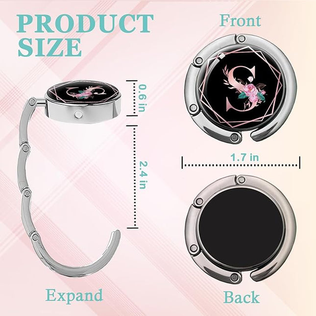 Pink Initial Foldable Purse Hook, Flower Letter Handbag Hanger, Women's Bag Hanger Hook, Round Purse Table Hook, Funny Desk Hook Gift for Family Colleague Friend Office Worker (Flower S)
