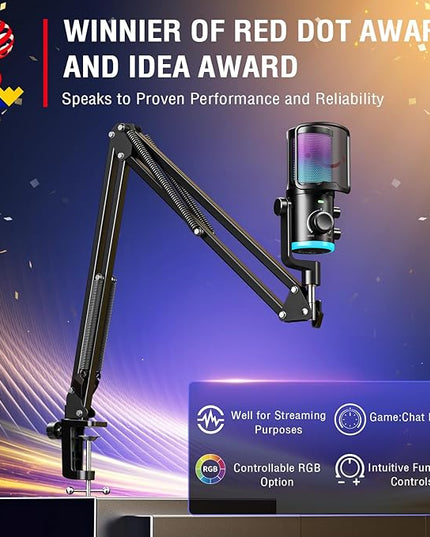 FIFINE USB Streaming Microphone Kit for Gaming, Condenser Mic with RGB, Noise Cancellation, Game/Chat Dial-Plug & Play for PC Twitch/YouTube/Podcast, Includes Boom Arm & Pop Filter-AmpliGame AM6T