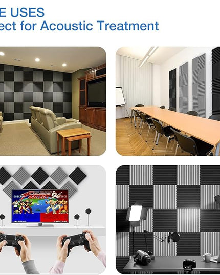 24 Pack Self-Adhesive Acoustic Panels - 2"X 12"X 12"Wall Panels - Quick-Recovery and High Density Sound Panels - Sound proof Acoustic Foam for Home Studio - Black and Gray