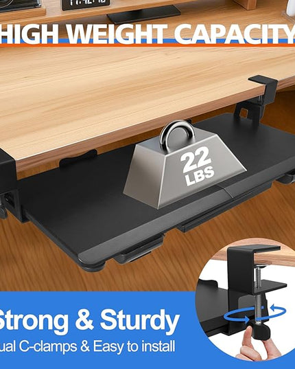Large Keyboard Tray Under Desk Slide Out with Sturdy C-Clamp Mount and Storage Drawer, 27" (31" Including Clamps) x 12" Ergonomic Keyboard Trays for Home and Office, Black