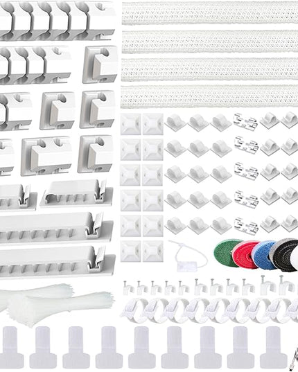 ELII 327PCS White Cable Management Kit 4 Cable Cable Sleeves, 65 Cable Clips with 13Cord Holders,20+5Roll Cable Organizer Straps,200 Fastening Cable Ties,20 Cable Zip Tie Mounts for Computer (White)