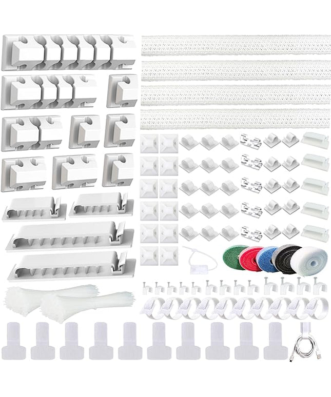 ELII 327PCS White Cable Management Kit 4 Cable Cable Sleeves, 65 Cable Clips with 13Cord Holders,20+5Roll Cable Organizer Straps,200 Fastening Cable Ties,20 Cable Zip Tie Mounts for Computer (White)