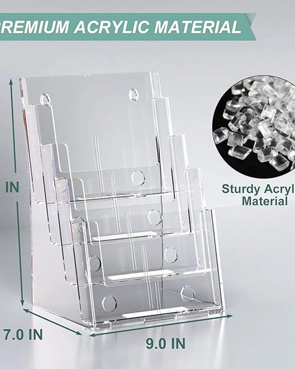 Argvey Acrylic Brochure Holder 8.5 x 11 inches, 4 Tier Clear Brochure Display Stand with Removable Divider for Trifold 4 Inches Wide Pamphlet, Plastic Flyer Holder for Magazine, Literature, Booklet