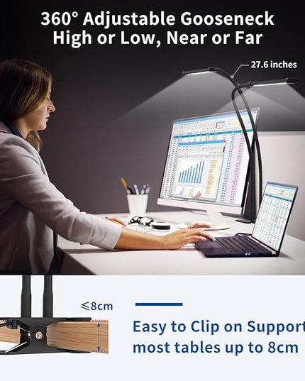 iZELL Desk Lamp, [2 LED Tube] Desk Lamps for Home Office with Clamp, Flexible Gooseneck LED Book Light, Easy Clip on Reading Lights for Bedrooms Beside Table Headboard College Dorm Bed Room - Black