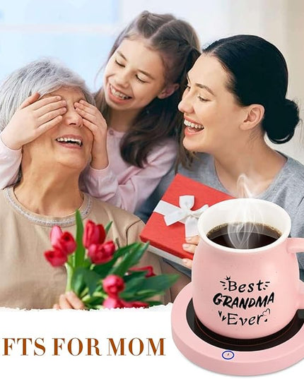 Coffee Mug Warmer, Best Grandma Ever Mug, Cute Cat Mug Set, Coffee Cup Warmer for Desk, Gifts for Grandma, Pink Heated Coffee Warmer for Nana Home Office Christmas Birthday Gifts