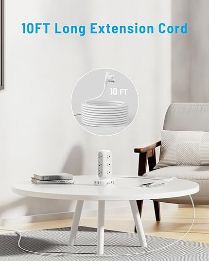 65W Fast Charging Station, Flat Plug Power Strip Tower with 12 AC Outlets & 8 USB Ports (2 PD USB-C Ports), 10FT Extension Cord, Compatible for MacBook Pro, iPhone Series.