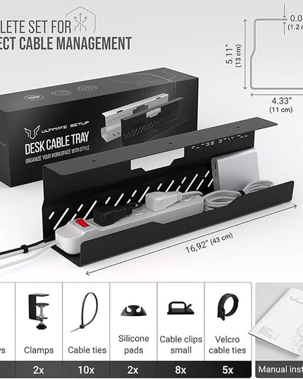 Under Desk Cable Management Tray no Drill – Wire Management - Cord Organizer – Huge Load Capacity – Under Desk Cable Tray no Drill (Black, 1 Piece Set)