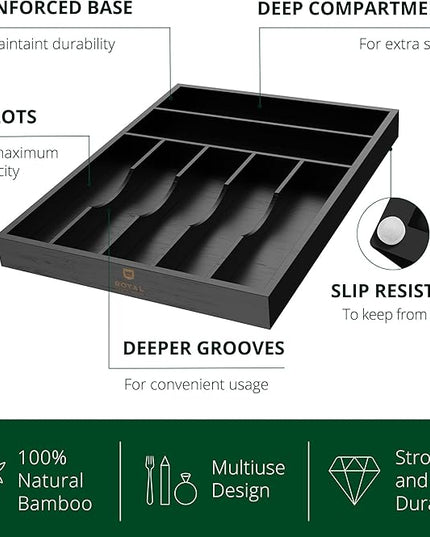 ROYAL CRAFT WOOD Luxury Bamboo Kitchen Drawer Organizer - Silverware Organizer - Utensil Holder and Cutlery Tray with Grooved Drawer Dividers for Flatware and Kitchen Utensils (7 Slot, Black)
