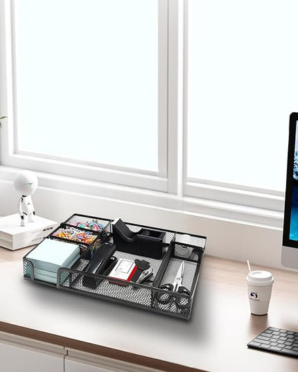Black Office Desk Accessories, Black Office Supplies Set, Desk Drawer Organizer,Stapler and Tape Dispenser Set,Tape,Staple Remover, Staples, Paper Clips, Scissor and Sticky Note