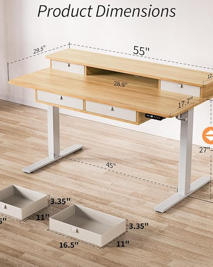 Kingant Standing Desk with Drawers & USB Charging Port, 55" x 30" Height Adjustable Home Office & Gaming Desk, Sit Stand Desk with Built-in Storage Shelf, Hook & Ergonomic Design(Maple)