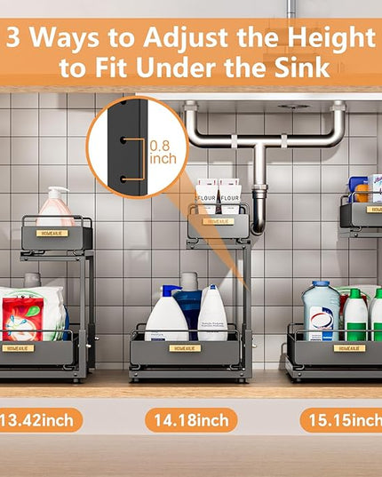 Under Sink Organizer, High Adjustable 2 Tier Under Kitchen Sink Organizer, Multi-Purpose Storage Shelf for Kitchen Bathroom Cabinet, Black