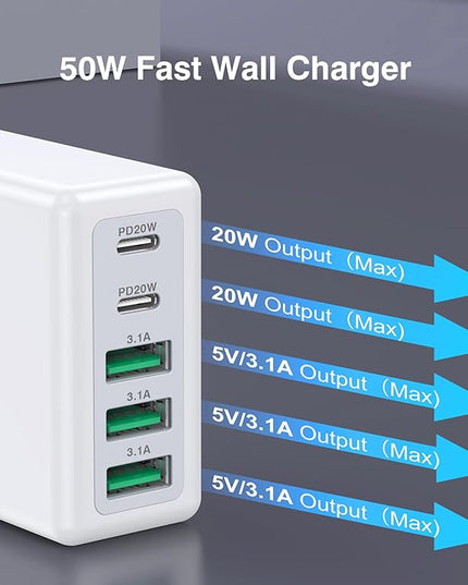 [2-Pack] 50W USB C Wall Charger Block,5-Port Type C Fast Charging Brick Cube Dual PD Power Adapter&QC Multiport Wall Plug Adapter for iPhone 16 15 Pro Max,AirPods 4,iPad,Samsung,Watch10,Ultra2
