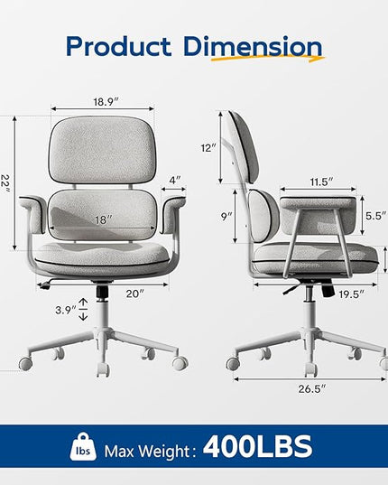 Fabric Office Chair with Granular Linen, Mid Back Vintage Desk Chair with Wheels and Wide Arms, Mid Century Modern Home Office Desk Chairs with Memory Foam Seat Cushion, Adjustable Height, White