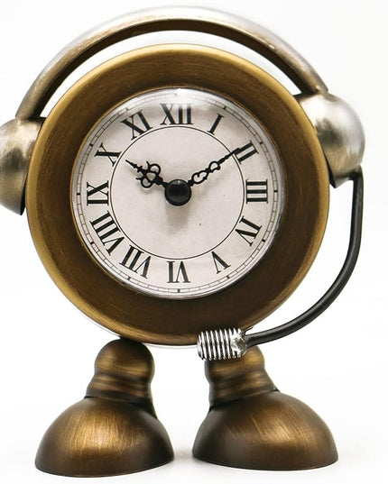 YOUKI Vintage Robot Table Clock on Stand, Decorative Desk and Shelf Clock, Rustic Mantel Farmhouse Silent Non-Ticking,Battery Operated Table Top for Living Room,Musical Gift,Metal