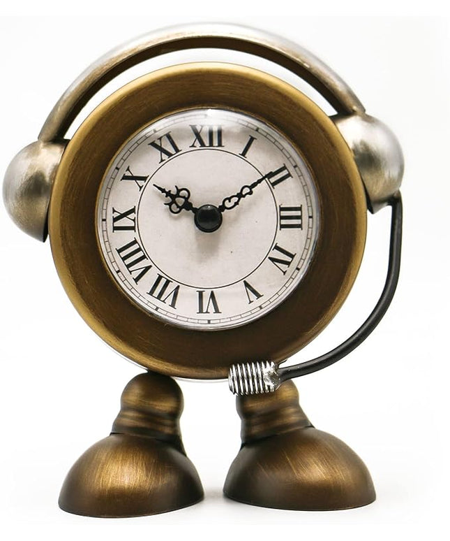 YOUKI Vintage Robot Table Clock on Stand, Decorative Desk and Shelf Clock, Rustic Mantel Farmhouse Silent Non-Ticking,Battery Operated Table Top for Living Room,Musical Gift,Metal