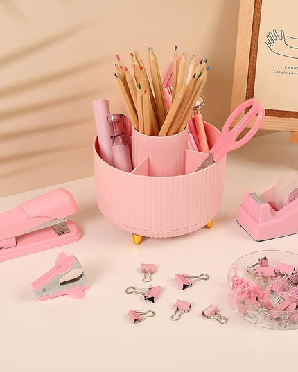SKYDUE Pink Office Supplies Set, Pencil Holder for Desk,Gel Pen, Stapler, Tape Dispenser, Scissors,Clips and 1000pcs Staples, Office Decor for Women, Pink Desk Accessories