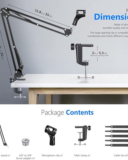 Neewer Microphone Arm Stand, Suspension Boom Scissor Mic Arm Stand with 3/8” to 5/8” Screw and Cable Ties Compatible with Blue Yeti, Snowball, Yeti X, Quadcast and Other Mics, Max Load 1.5kg
