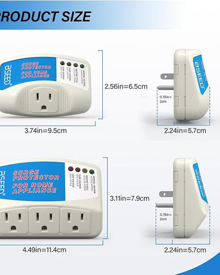 BSEED Surge Protector for Home Appliance 3 Outlet Surge Protector for Refrigerator Voltage Protector for TV, PC, PS5, Air-Conditioning and Other Valuable Household Electronic 125V, 1875W, 4 Pack