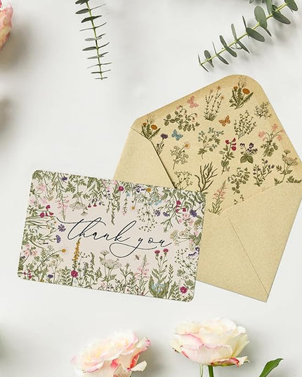Artoid Mode 24 Pack Leaves Wildflower Thank You Cards Flower Greeting Cards Gift With Envelope Sticker Blank Note Cards for Birthday Wedding Baby Shower Bridal Shower, 4 x 6 Inch