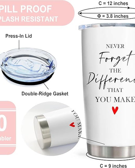 Thank You Gifts for Women/Men, Teacher/Employee Appreciation Gifts, Retirement Gift for Woman, Farewell Gift for Coworkers, Never Forget The Difference You Make Tumbler 20oz