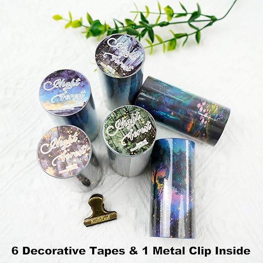 AuriicLeaf Night Forest Seamless Washi Tape Scrapbook Kit – 6 Rolls with Starry Sky, Fairy Woods & Twilight Designs for Journaling, DIY Crafts, Gift Wrapping, Card Making, Decoration, 3.15in Wide