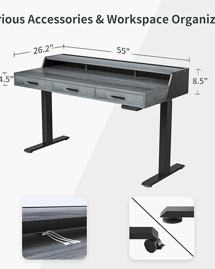 FEZIBO Electric Standing Desk Adjustable Height with Drawers, 55 x 26 Inches Stand Up Desk with Monitor Shelf and Storage, Rustic Grey