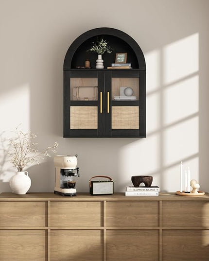 RUSTOWN Arched Bathroom Wall Cabinet, Rattan Medicine Cabinet with 2 Glass Doors, Farmhouse Over The Toilet Storage Cabinets with Adjustable Shelves, 3-Tier Wall Mounted Cabinets