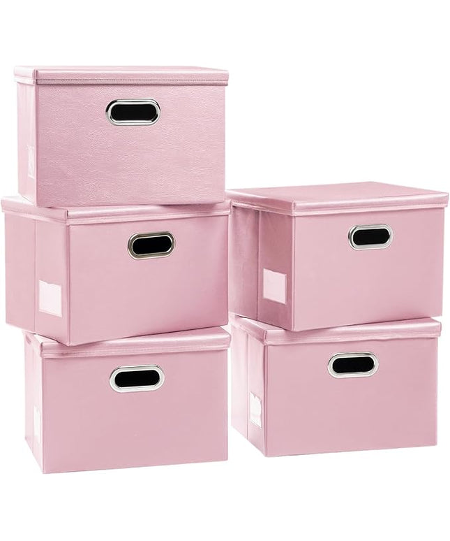 PRANDOM Foldable Storage Bins with Lids [5-Pack] Leather Fabric Collapsible Storage Boxes Organizer Containers Baskets Cube with Cover for Bedroom Closet Office Nursery Pink (14.9x10.8x10)