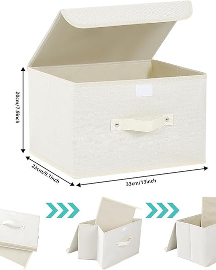 Storage Boxes, Collapsible Storage Bins with Lids, Cotton and linen cloth Storage Baskets with Handle, for Books, Closet, Bedroom, Home, 13x9.1x7.9 in, Beige