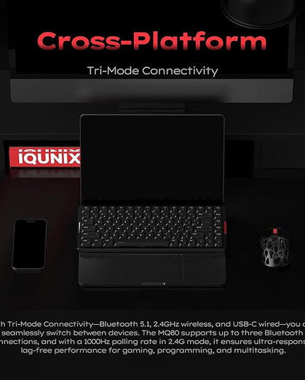 IQUNIX MQ80 Low Profile Mechanical Keyboard for Work and Gaming Tri Mode Wireless Wired CNC Aluminum Hot Swappable RGB Backlit Long Battery Life VIA Support (Black)