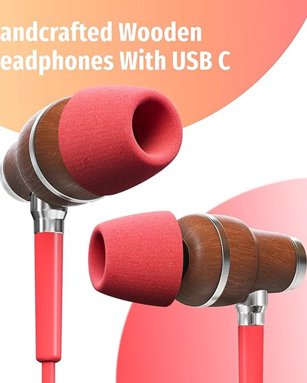 Symphonized Premium Wooden iPhone Earphones Wired (USB C) Deep Bass Sound, 3D Sound, Microphone Volume Control, 90% Noise Cancelling for Type C Devices. Earphones for iPhone 15 to 17 & Android