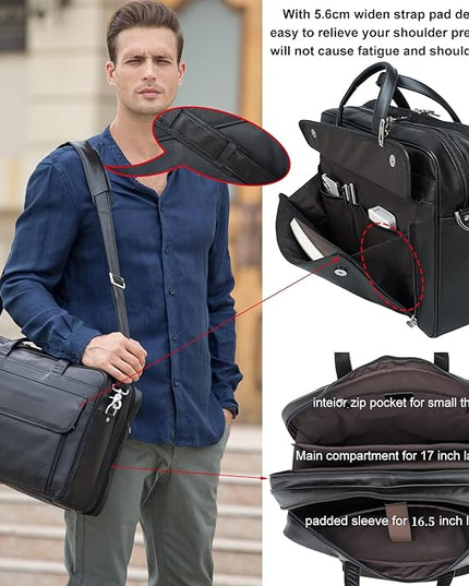 Masa Kawa Leather Briefcase for Men 15.6", 17" Laptop Computer Case Business Travel Work Messenger Cross Body Shoulder Bag
