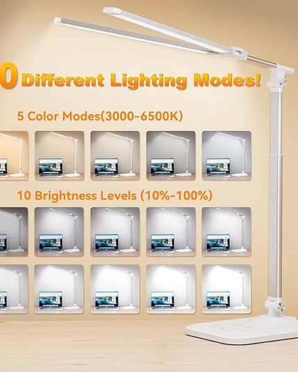 LED Desk Lamp for Office Home, Height Adjustable Architect Desk Light with USB Adapter, Stepless Dimming 50 Lighting Modes, Eye Caring Double Head Computer Desk Lamp for Reading, Study, Workbench