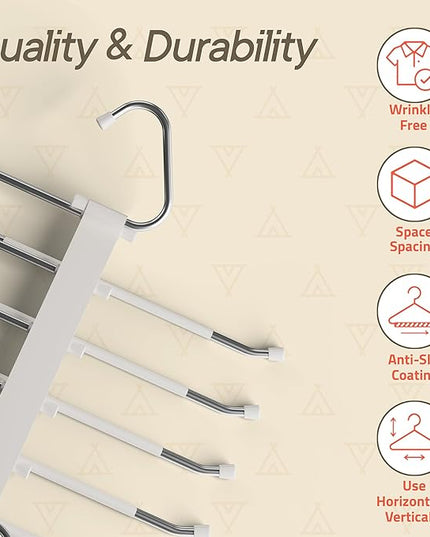 Space Saving Pants Hangers 1 Pack, 6 Layer Jeans Hangers and Closet Organizer for Jeans, Scarves, & Skirts, Multi-Layer Hanger with Anti-Slip Stopper, Heavy-Duty S-Type Stainless Steel, White