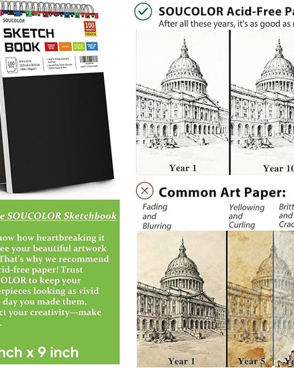 Soucolor 9" x 12" Sketch Book, 100 Sheets Top Spiral Bound Sketchbook with Acid-Free 68lb/100gsm Drawing Paper, Art Sketch Pad for Kids, Adults & Artist, Professional Art Supplies for Beginners