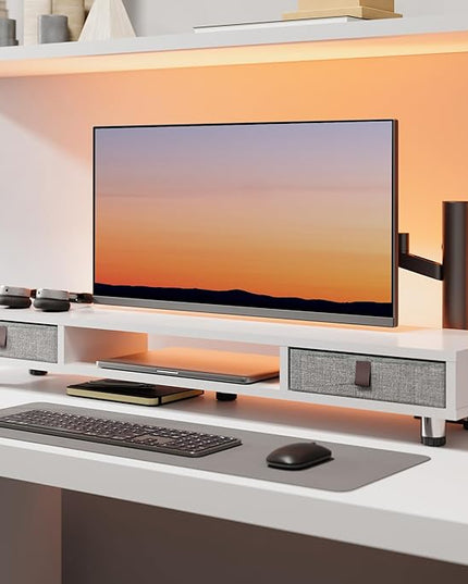 Fenge Dual Monitor Stand with 2 Drawers, 42.5 Inches Large Computer Riser for Desk, Adjustable Height Desk Shelf with Storage for Laptop, PC, TV, Printer