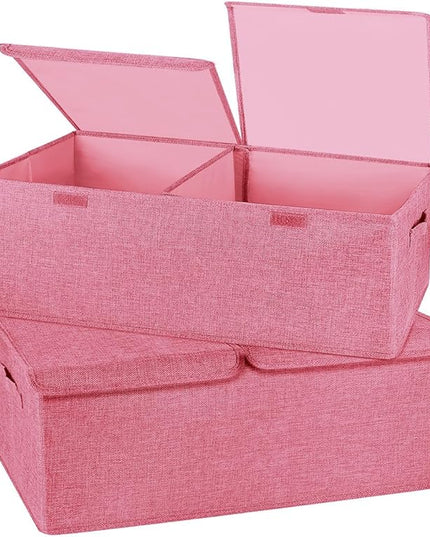 2 Pack Large Storage Boxes with Lids and Handles, Collapsible Linen Storage Bins Organizer Containers Baskets Cube with Removable Divider for Home Bedroom Closet Office (Pink, Small)