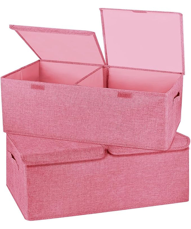 2 Pack Large Storage Boxes with Lids and Handles, Collapsible Linen Storage Bins Organizer Containers Baskets Cube with Removable Divider for Home Bedroom Closet Office (Pink, Small)